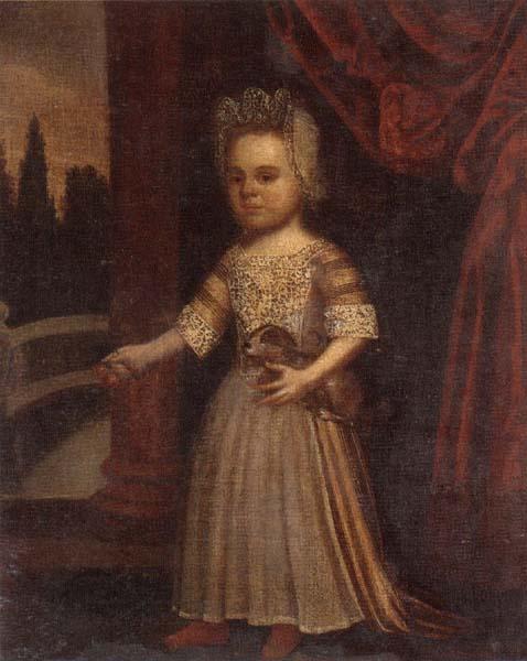  Portrait of a young girl,full length,holding a toy dog and a bunch of cherries,set beside a partly-draped red curtain